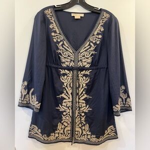 MICHAEL Michael Kors Navy Tunic with Beige Embroidery, Size Small